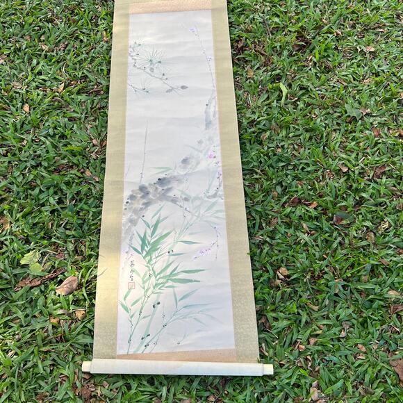 Antique Hanging Scroll Cherry Blossoms Flower Bamboo Leaves Painting Japan - Picture 5 of 11